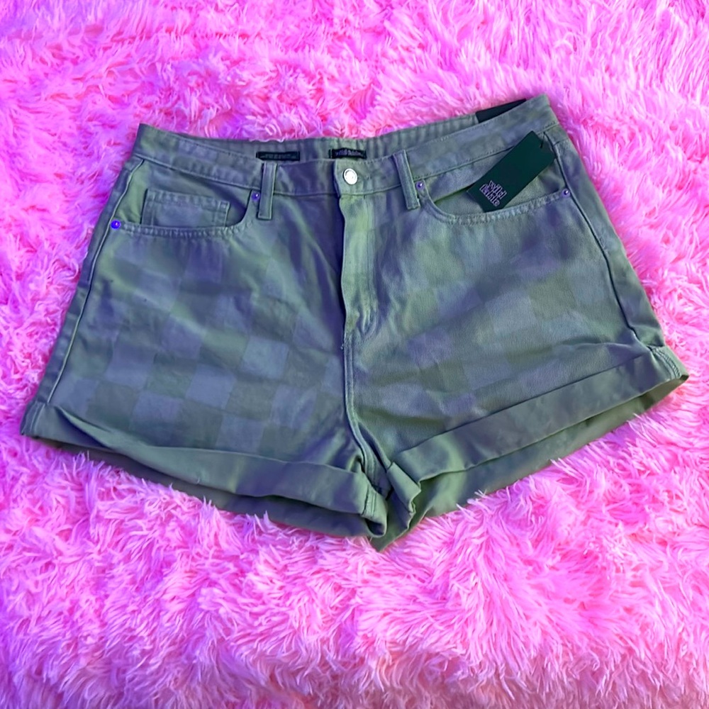 Green checkered denim shorts